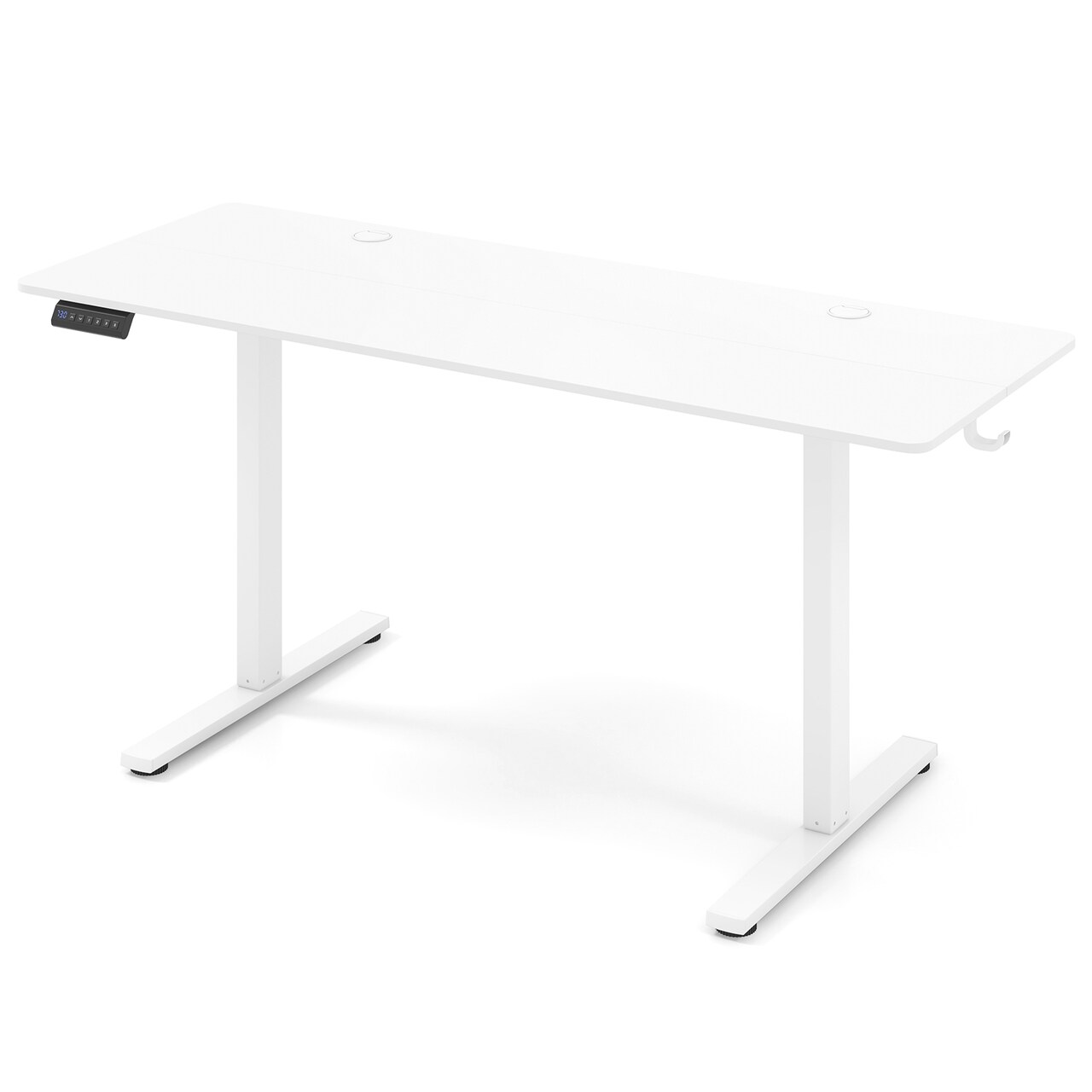 White Electric Standing Desk with 3 Memory Heights and 2 Hanging Hooks and Cable Holes